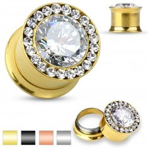 Šperky eshop - Oceľový plug do ucha - veľký číry zirkón, malé zirkóniky, 6 mm R06.08 - Farba piercing: Medená