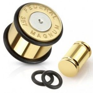 Šperky eshop - Oceľový plug do ucha,  nábojnica zlato-striebornej farby Magnum S48.19 - Hrúbka: 14 mm
