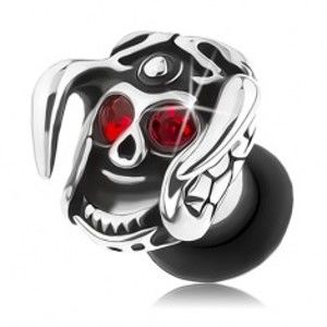 Šperky eshop - Oceľový plug do ucha, lebka s prilbou a rohami, červené zirkóny, patina S48.17 - Hrúbka: 3 mm