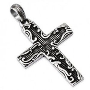 Šperky eshop - Oceľový prívesok - kríž s potlačou a ornamentom A24.4