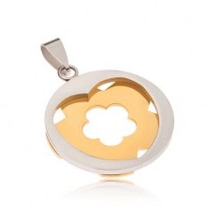 Šperky eshop - Oceľový prívesok - kruh striebornej farby so srdcovým výrezom, kvet zlatej farby S32.30