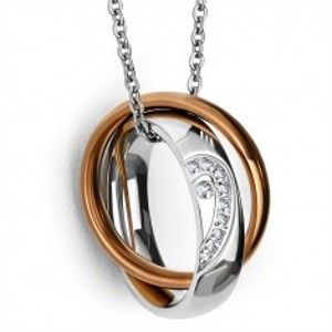 Šperky eshop - Oceľový prívesok - obrúčka s polovicou srdca a zirkónmi, prsteň medenej farby SP91.03