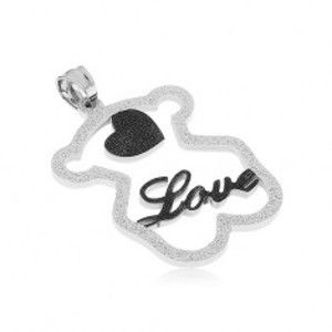 Šperky eshop - Oceľový prívesok - trblietavá silueta medvedíka, čierne srdiečko, nápis "Love" SP41.06