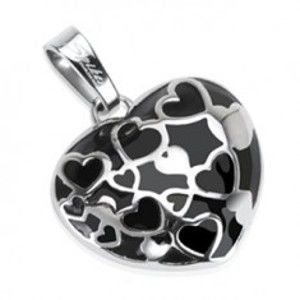Šperky eshop - Oceľový prívesok - vypuklé čierne srdce s malými srdiečkami v línii AA23.03
