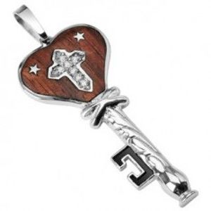 Šperky eshop - Oceľový prívesok drevený kľúč s hviezdičkami  G5.27
