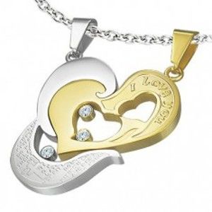 Šperky eshop - Oceľový prívesok dvojdielny - srdce zlatej a striebornej farby, I love you, krížik R7.4