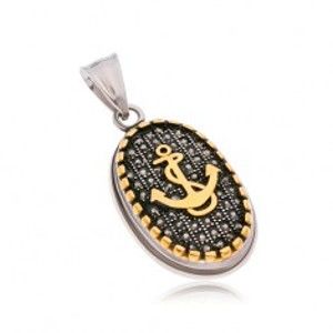Šperky eshop - Oceľový prívesok, ovál s čiernymi zirkónmi, okrajom a kotvou zlatej farby AA46.06