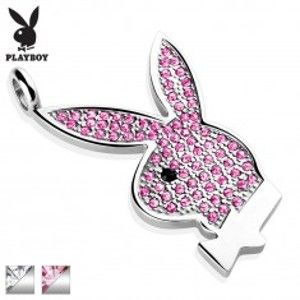 Šperky eshop - Oceľový prívesok Playboy, strieborná farba, zajačik vykladaný zirkónmi S54.13 - Farba: Ružovo - Čierna
