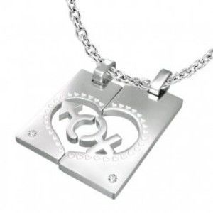 Šperky eshop - Oceľový prívesok pre dvojicu - obdĺžnik, srdce, znak MUŽA a ŽENY, zirkóny R2.7