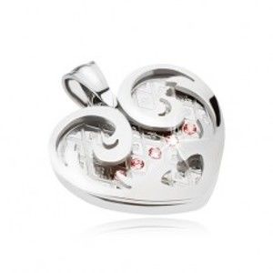 Šperky eshop - Oceľový prívesok, srdce s ornamentmi v striebornej farbe, ružové zirkóny SP31.15