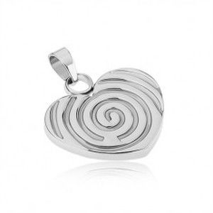 Šperky eshop - Oceľový prívesok striebornej farby, súmerné srdce s gravírovanou špirálou SP37.28