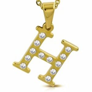 Šperky eshop - Oceľový prívesok v zlatom odtieni, písmeno H vykladané čírymi zirkónmi AA32.13