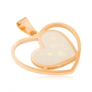 Šperky eshop - Oceľový prívesok zlatej farby, biele perleťové srdce v obryse srdca S54.06