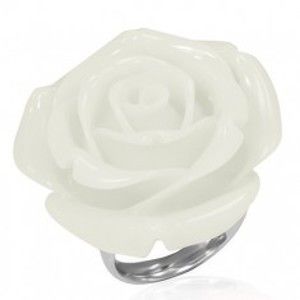 Šperky eshop - Oceľový prsteň - biela rozkvitnutá živicová ruža B5.04 - Veľkosť: 54 mm
