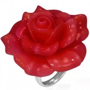 Šperky eshop - Oceľový prsteň - červená rozkvitnutá ruža, živica B8.10 - Veľkosť: 55 mm