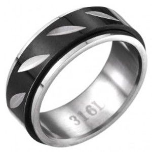 Šperky eshop - Oceľový prsteň - čierno-striebornej farby s pohyblivým pásom, lístočky C25.6 - Veľkosť: 70 mm