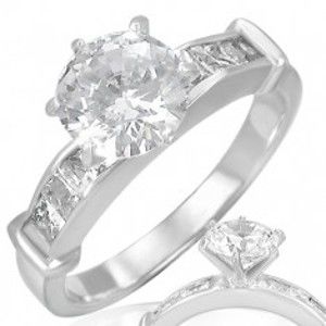 Šperky eshop - Oceľový prsteň - číry vystúpený okrúhly zirkón v strede L5.10 - Veľkosť: 56 mm