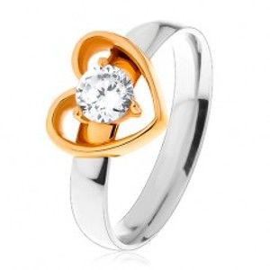 Šperky eshop - Oceľový prsteň - dvojfarebné prevedenie, tenká kontúra srdca, okrúhly číry zirkón S27.18 - Veľkosť: 57 mm
