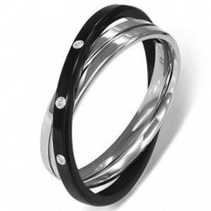 Šperky eshop - Oceľový prsteň - dvojitý, striebornej a čiernej farby K12.15 - Veľkosť: 61 mm