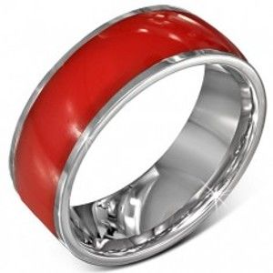 Šperky eshop - Oceľový prsteň - lesklá červená obrúčka, okraje striebornej farby, 8 mm J1.14 - Veľkosť: 64 mm