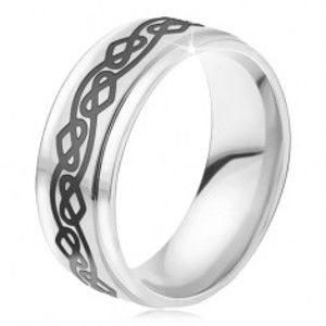 Šperky eshop - Oceľový prsteň - lesklá obrúčka striebornej farby, zvlnená línia, srdcia BB18.04 - Veľkosť: 67 mm