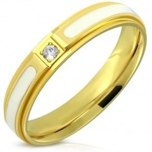 Šperky eshop - Oceľový prsteň - lesklý povrch zlatej farby, biela glazúra a zirkón, 4 mm J06.19 - Veľkosť: 50 mm