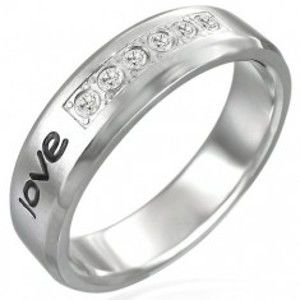 Šperky eshop - Oceľový prsteň - nápis "love", šesť zirkónov K12.12 - Veľkosť: 55 mm