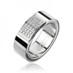 Šperky eshop - Oceľový prsteň - obdĺžnik vykladaný drobnými zirkónmi L4.09 - Veľkosť: 61 mm