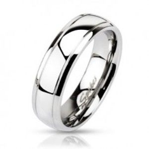 Šperky eshop - Oceľový prsteň - obruč s dvomi vygravírovanými pásmi C27.1 - Veľkosť: 59 mm