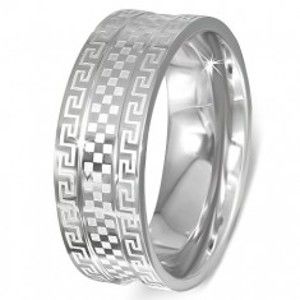 Šperky eshop - Oceľový prsteň - obrúčka s gréckym kľúčom a šachovnicou E5.5 - Veľkosť: 62 mm
