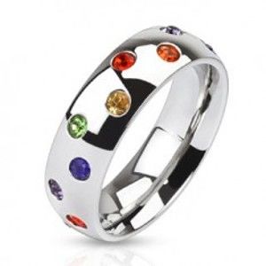 Oceľový prsteň - obrúčka striebornej farby, farebné kamienky - Veľkosť: 59 mm