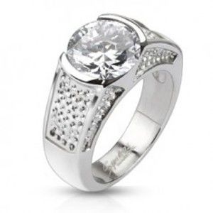 Šperky eshop - Oceľový prsteň - okrúhly zirkón a vyhĺbené bodkované pruhy L3.07 - Veľkosť: 56 mm