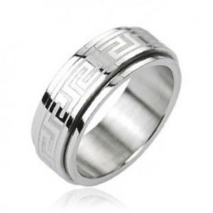 Šperky eshop - Oceľový prsteň - otáčavý stred, grécky kľúč, strieborná farba K15.7 - Veľkosť: 67 mm