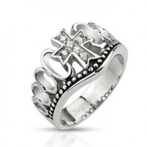 Šperky eshop - Oceľový prsteň - ovály na bodkovanej línii a číry zirkónový kríž E9.09 - Veľkosť: 58 mm
