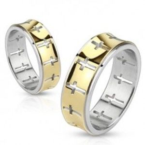 Šperky eshop - Oceľový prsteň - pásik zlatej farby s vyrezanými krížmi L4.08 - Veľkosť: 56 mm