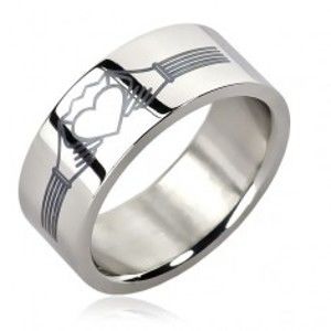 Šperky eshop - Oceľový prsteň - srdce s korunkou, pásikavé ruky J7.5 - Veľkosť: 65 mm