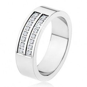 Šperky eshop - Oceľový prsteň - strieborná farba, lesklý, dvojitá línia čírych zirkónov SP18.12 - Veľkosť: 54 mm