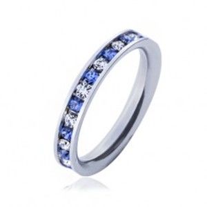 Šperky eshop - Oceľový prsteň - svetlo-modré a číre kamienky J6.11 - Veľkosť: 50 mm