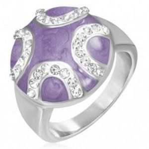 Šperky eshop - Oceľový prsteň - vypuklý fialový kruh, zirkónové polmesiace F7.13 - Veľkosť: 52 mm