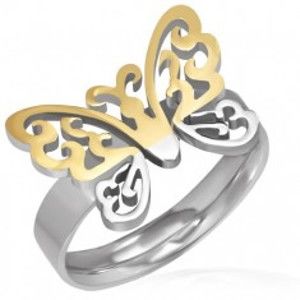 Šperky eshop - Oceľový prsteň - vyrezávaný motýľ zlato-striebornej farby E4.6 - Veľkosť: 52 mm