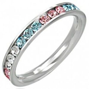 Šperky eshop - Oceľový prsteň - zirkóny v troch farbách F8.4 - Veľkosť: 52 mm
