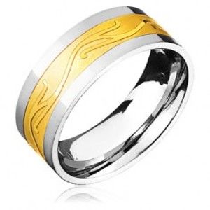 Šperky eshop - Oceľový prsteň - zlato-striebornej farby so zvlneným ornamentom B8.04 - Veľkosť: 62 mm