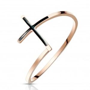 Oceľový prsteň 316L medenej farby - kríž s čiernou glazúrou, úzke ramená - Veľkosť: 54 mm