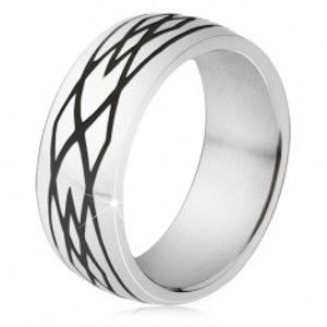 Oceľový prsteň, čierne zárezy, vzor z elíps a kosoštvorcov - Veľkosť: 64 mm