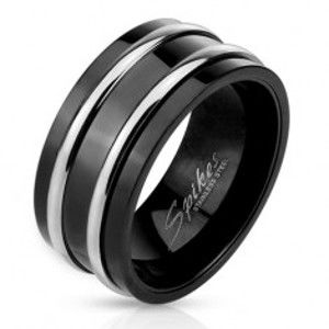 Šperky eshop - Oceľový prsteň čiernej farby - dve tenké lesklé obruče striebornej farby BB14.18 - Veľkosť: 62 mm