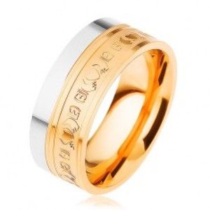 Šperky eshop - Oceľový prsteň, dvojfarebný - strieborný a zlatý odtieň, ornamenty, 8 mm HH12.9 - Veľkosť: 59 mm
