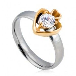 Šperky eshop - Oceľový prsteň, kruh striebornej farby a dve srdcia zlatej farby so zirkónom L13.04 - Veľkosť: 52 mm