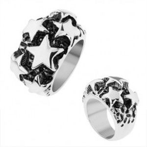 Šperky eshop - Oceľový prsteň, lesklé vypuklé hviezdy v striebornom odtieni, čierna patina Z40.15/16 - Veľkosť: 56 mm