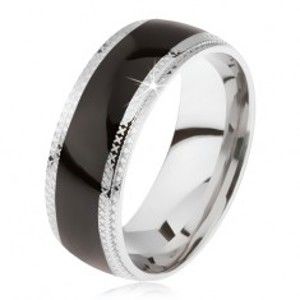 Šperky eshop - Oceľový prsteň, lesklý čierny stredový pás, ryhované okraje BB16.07 - Veľkosť: 59 mm