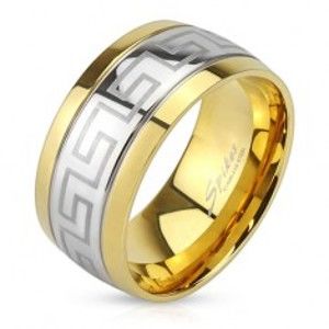Šperky eshop - Oceľový prsteň, línia gréckeho kľúča, okraje zlatej farby E6.13 - Veľkosť: 60 mm